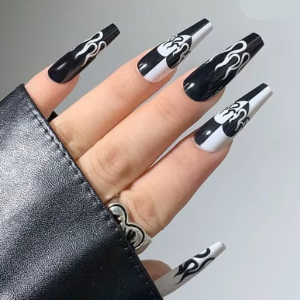 Long 24 Pc Gothic Coffin/Ballerina Shaped Flames Press On Nails Artifici…